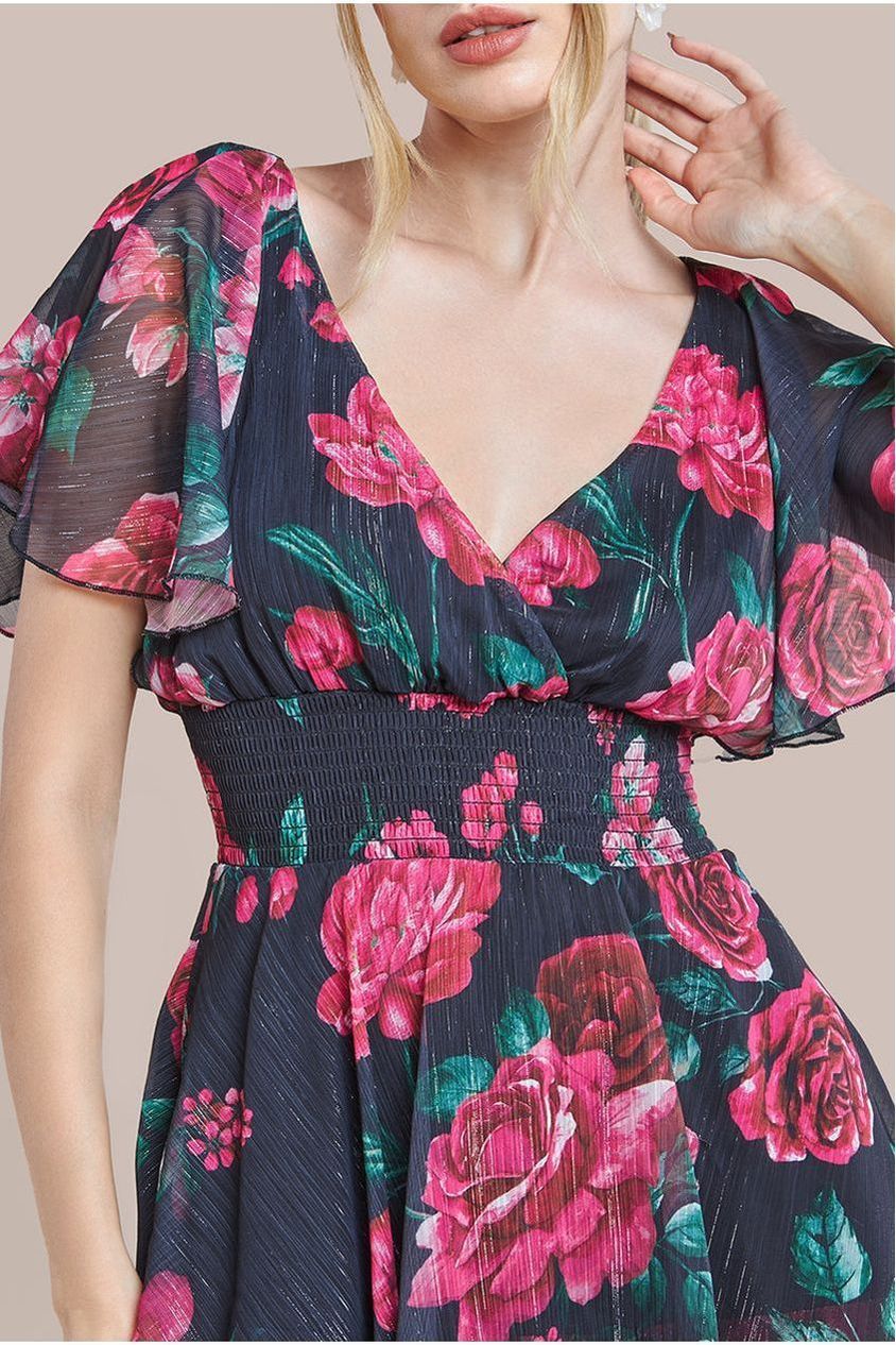 Layered Floral Midi Flutter Sleeves - Blackfloral DR3219QZ