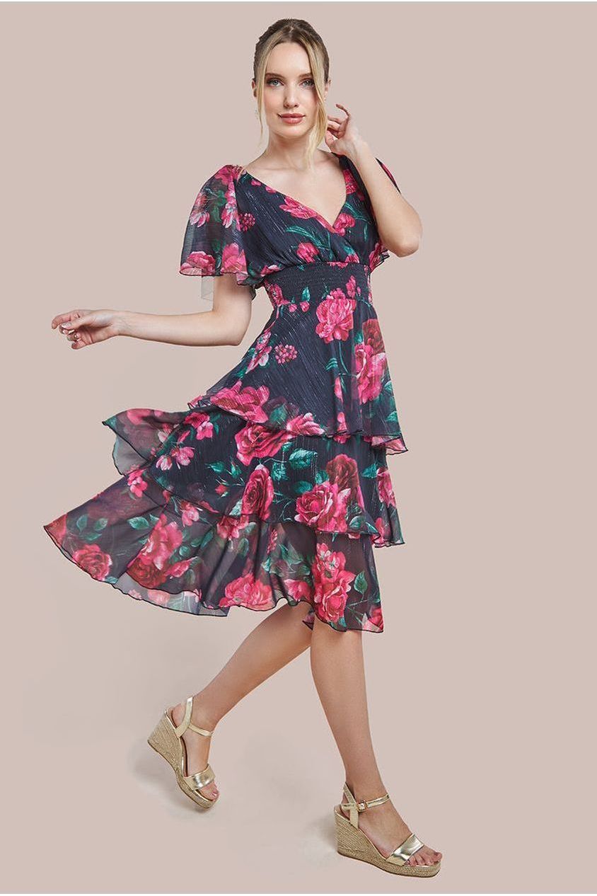 Layered Floral Midi Flutter Sleeves - Blackfloral DR3219QZ