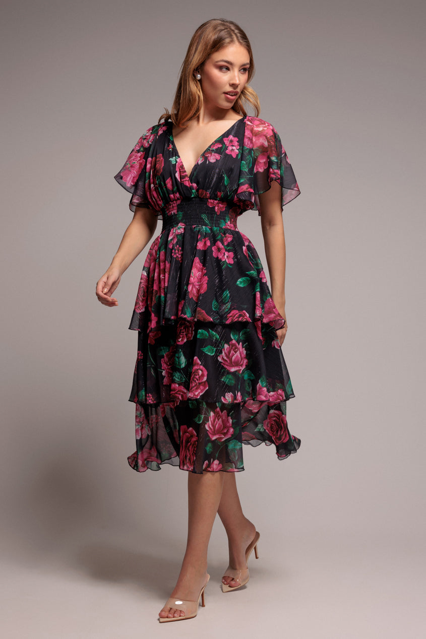 Layered Floral Midi With Flutter Sleeves-Blackfloral | Goddiva Layered Floral Midi With Flutter Sleeves-Blackfloral | Goddiva