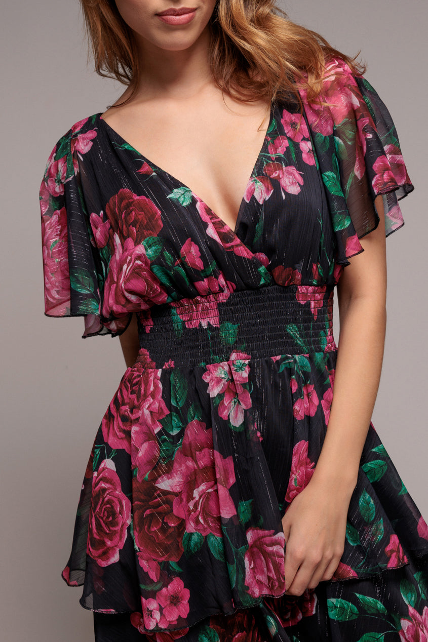 Layered Floral Midi Flutter Sleeves - Blackfloral DR3219QZ