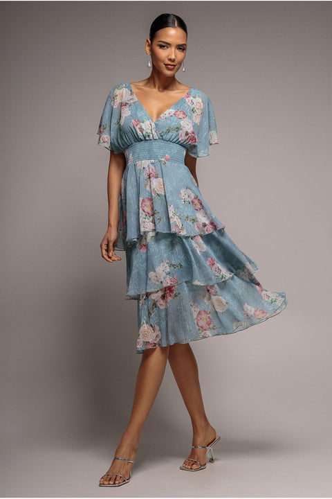 Layered Floral Midi With Flutter Sleeves - Airforce Blue by Goddiva