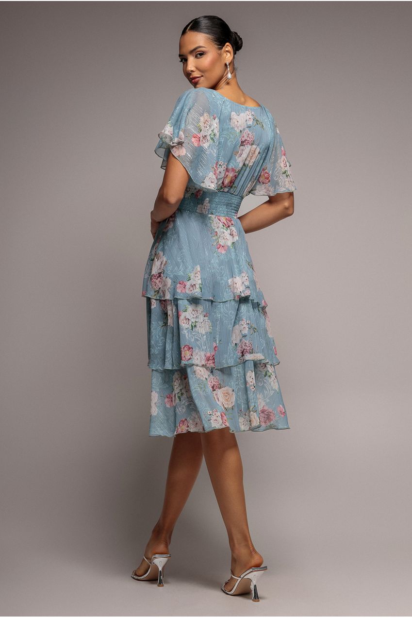 Layered Floral Midi With Flutter Sleeves - Airforce Blue DR3219