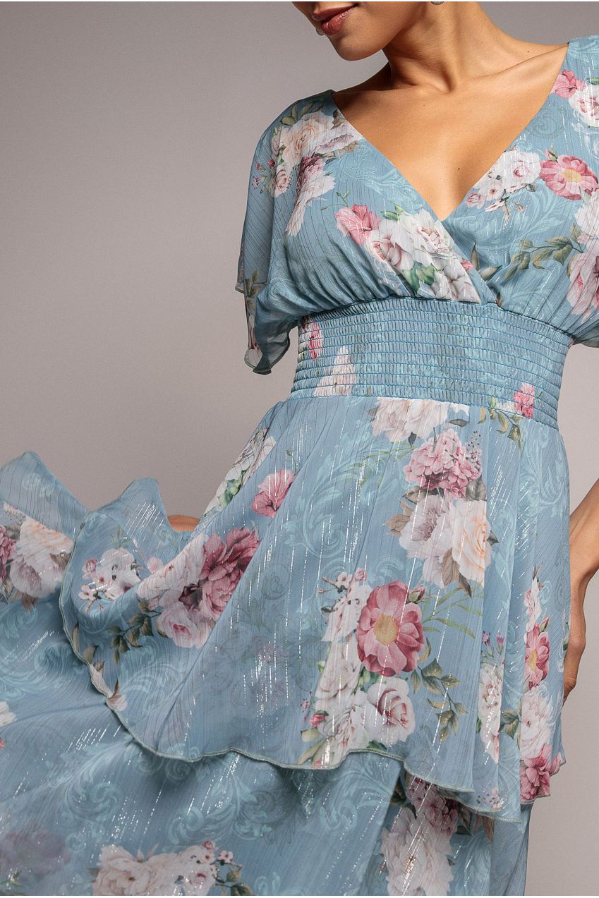 Layered Floral Midi With Flutter Sleeves - Airforce Blue DR3219