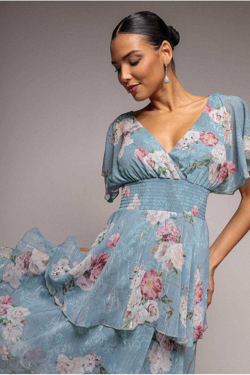 Layered Floral Midi With Flutter Sleeves - Airforce Blue DR3219