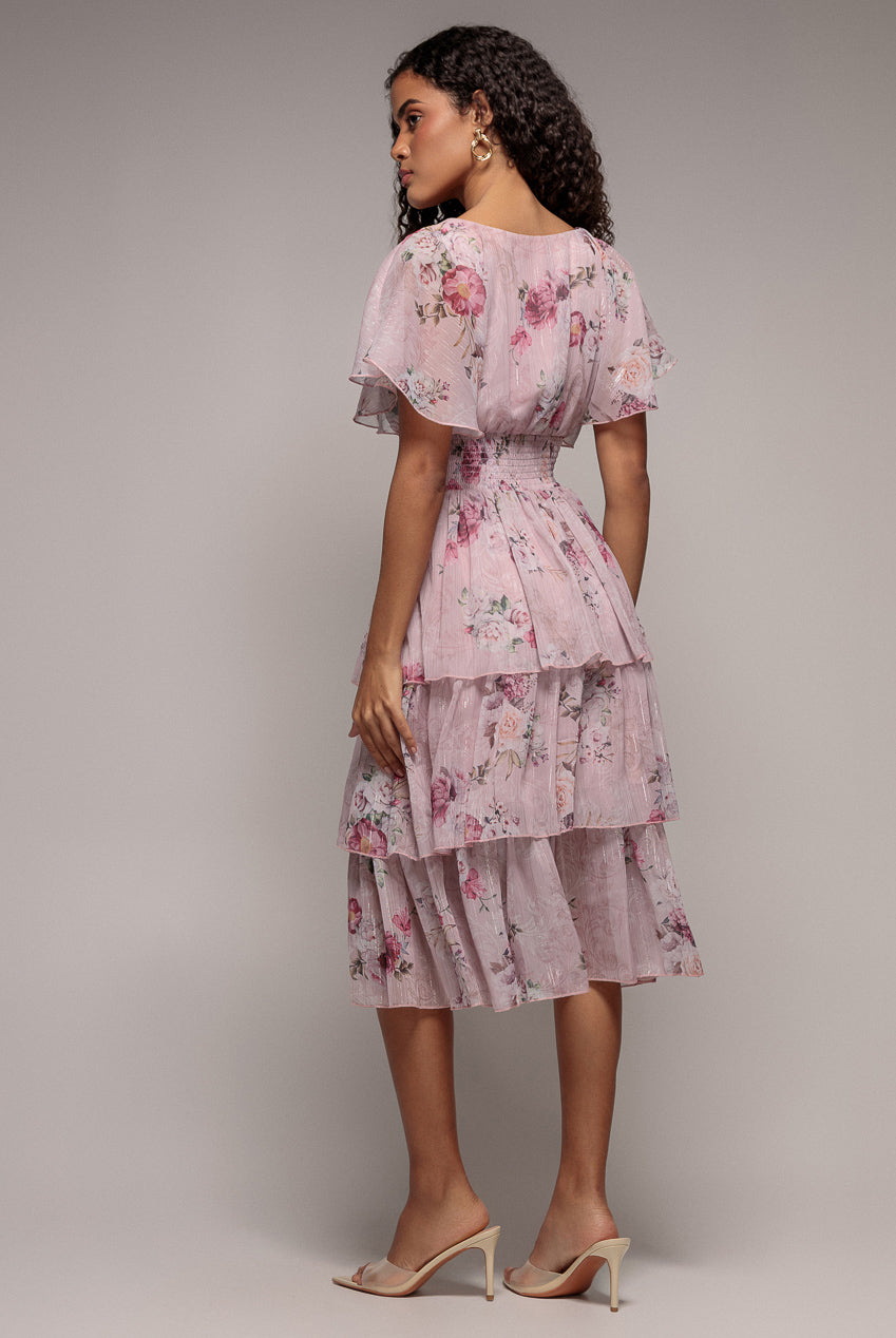 Layered Floral Midi With Flutter Sleeves - Blush DR3219