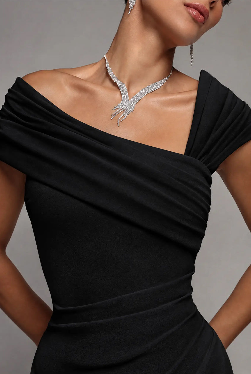 One Shoulder Evening Maxi Dress - Black DR3231