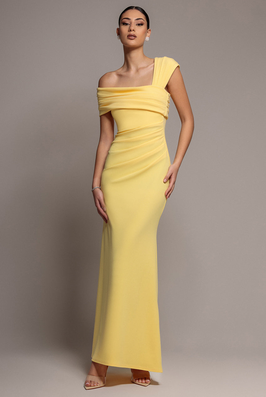 One Shoulder Asymmetric Scuba Crepe Maxi Dress - Butter Yellow DR3231