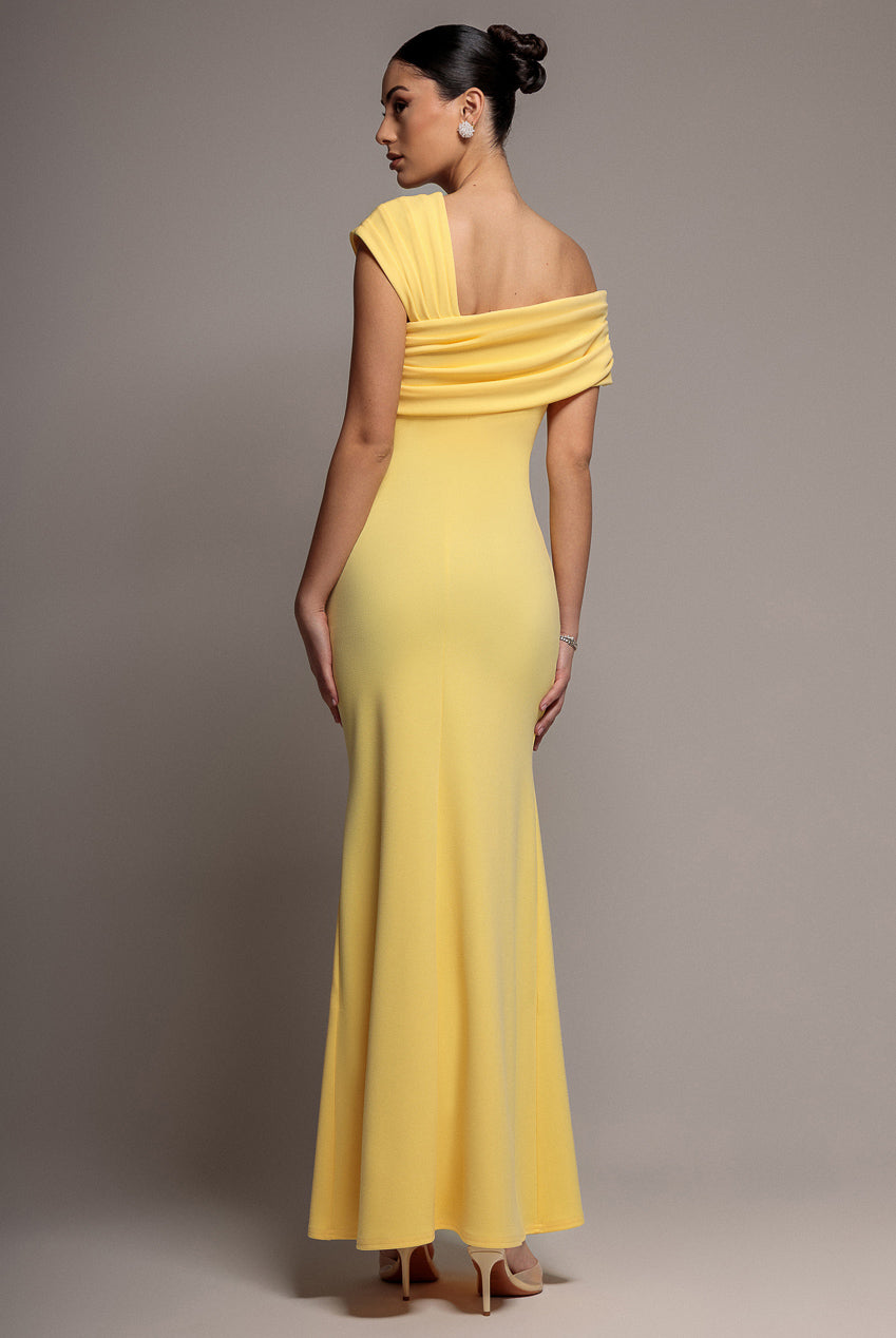 One Shoulder Asymmetric Scuba Crepe Maxi Dress - Butter Yellow DR3231