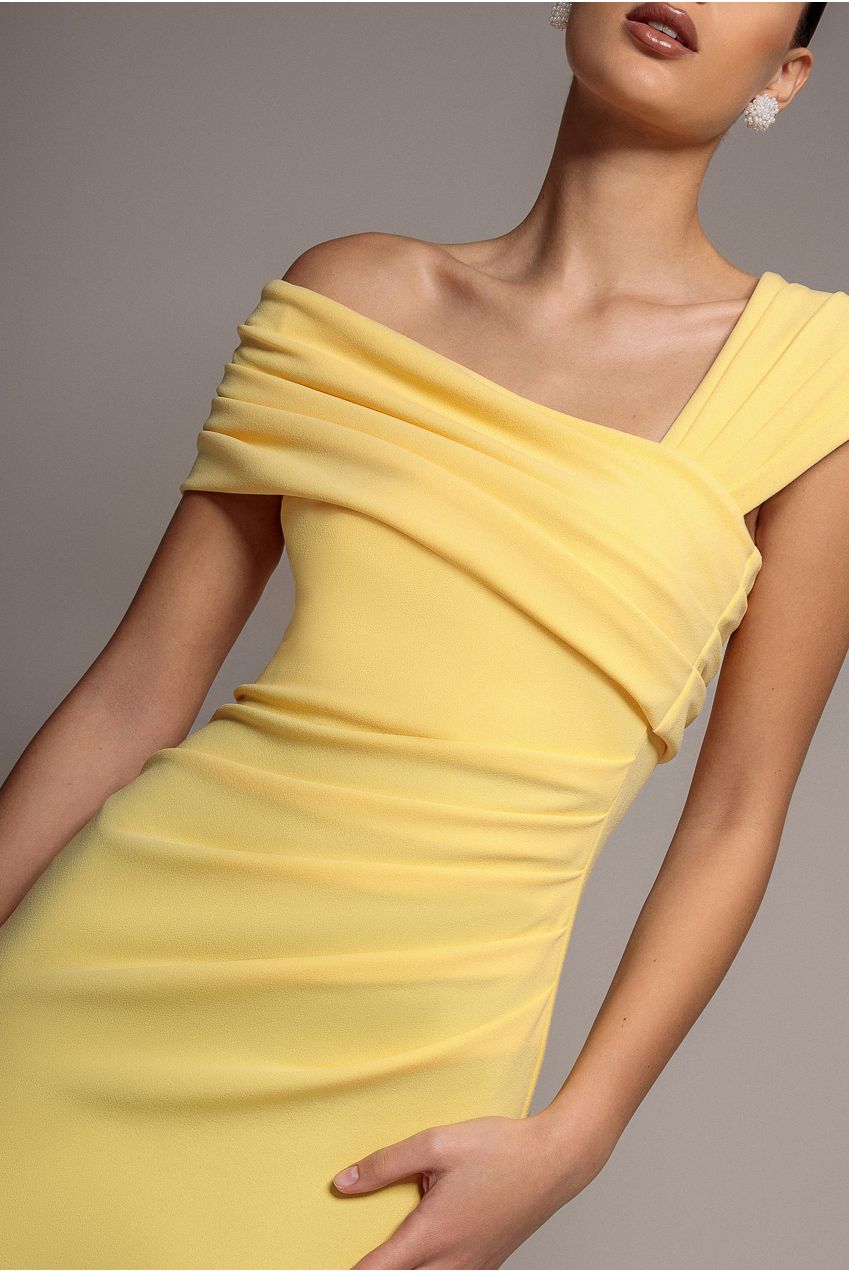 One Shoulder Asymmetric Scuba Crepe Maxi Dress - Butter Yellow DR3231