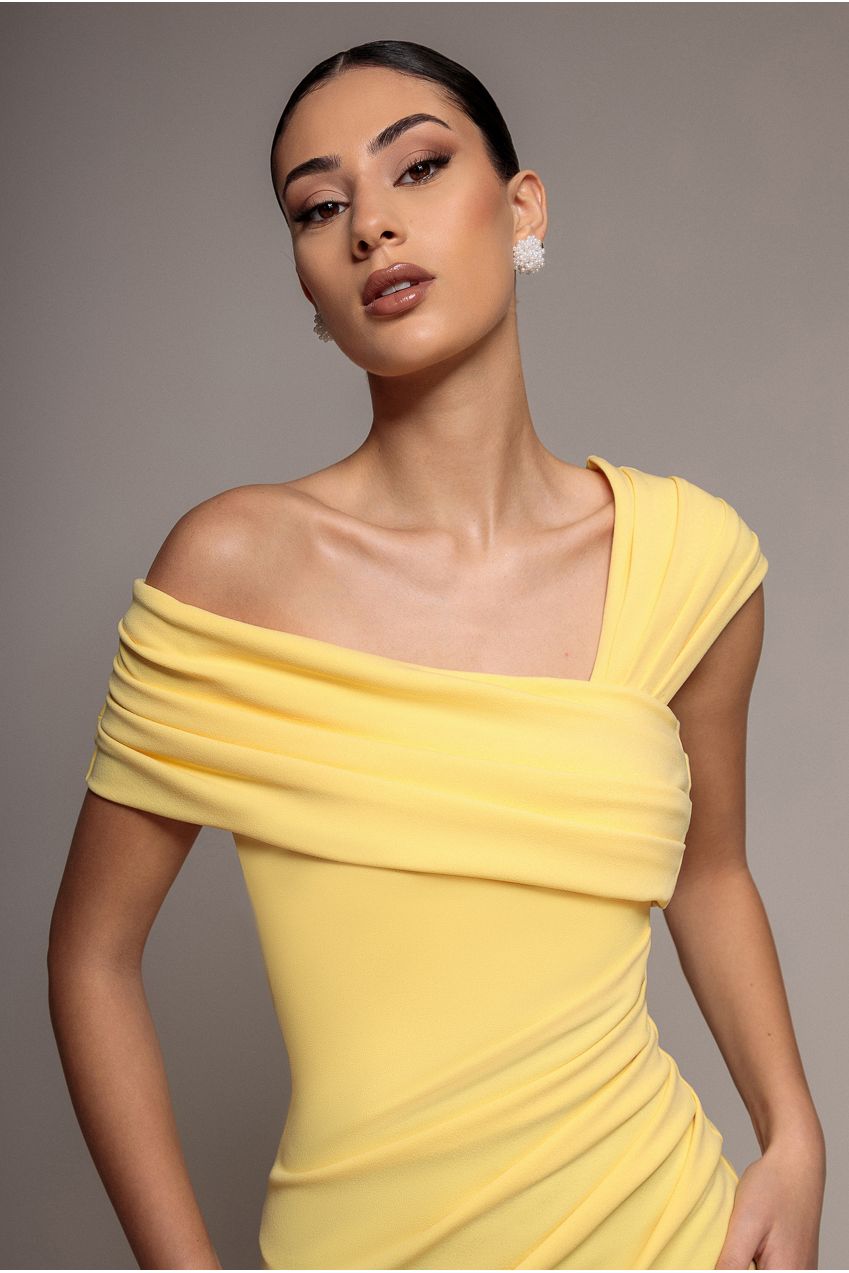 One Shoulder Asymmetric Scuba Crepe Maxi Dress - Butter Yellow DR3231