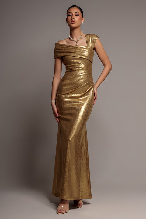 One Shoulder Asymmetric Foil Scuba Maxi Dress - Gold by Goddiva