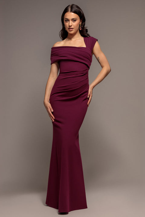 One Shoulder Asymmetric Scuba Crepe Maxi Dress - Plum by Goddiva
