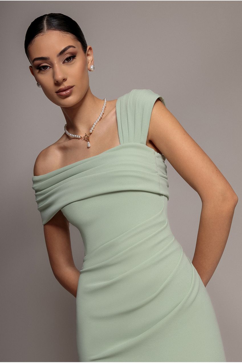 One Shoulder Asymmetric Scuba Crepe Maxi Dress - Sage Green DR3231