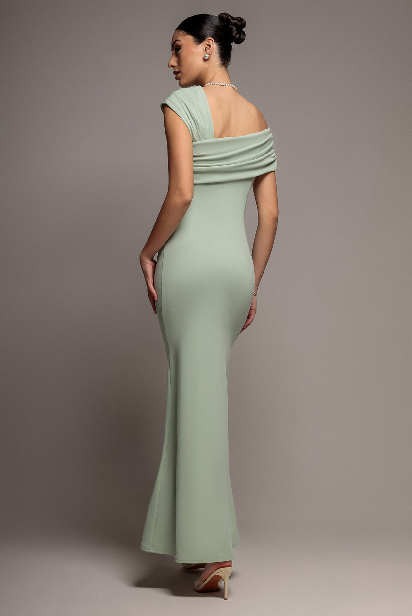 One Shoulder Asymmetric Scuba Crepe Maxi Dress - Sage Green DR3231
