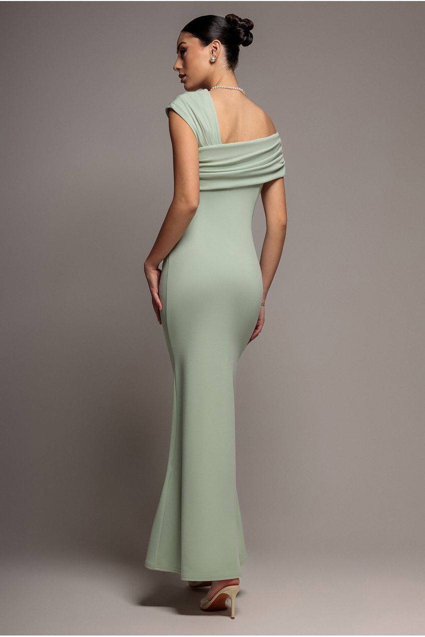 One Shoulder Asymmetric Scuba Crepe Maxi Dress - Sage Green DR3231