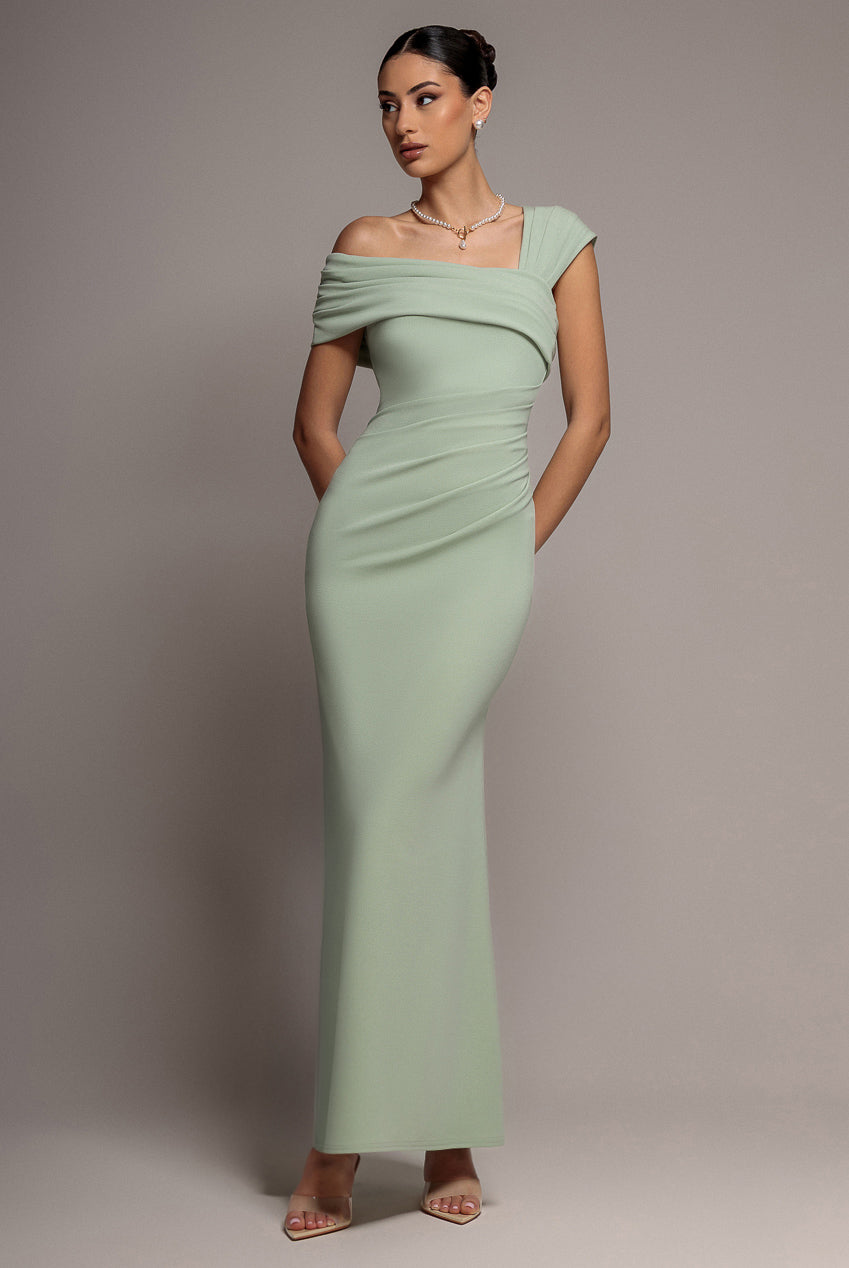 One Shoulder Asymmetric Scuba Crepe Maxi Dress - Sage Green DR3231