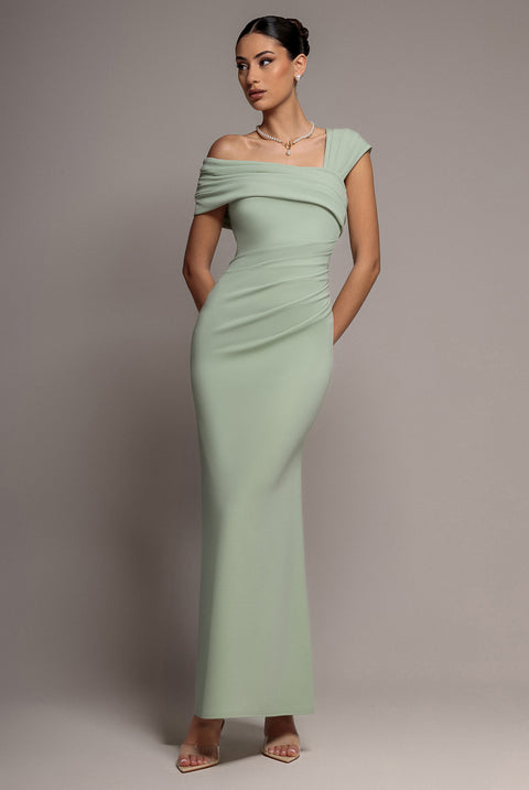 One Shoulder Asymmetric Scuba Crepe Maxi Dress - Sage Green by Goddiva