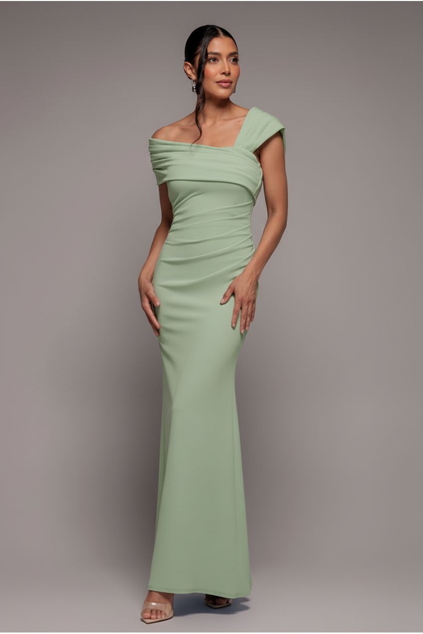 One Shoulder Scuba Crepe Evening Maxi Dress - Mint Green DR3231