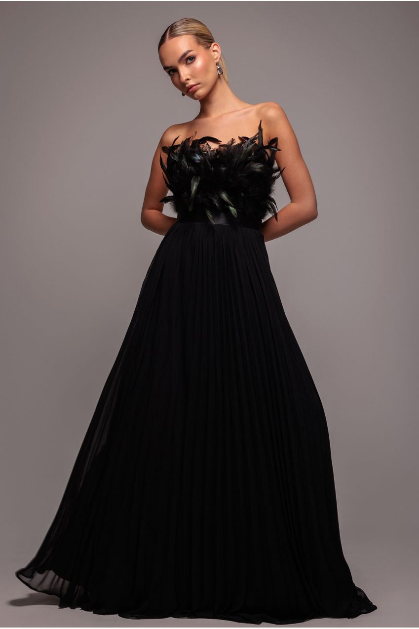 Feather Off The Shoulder Pleated Evening Maxi Dress - Black DR3233