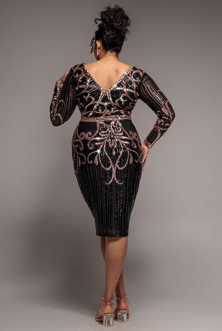 Sequin Mesh V Neck Midi Dress - Black DR3234P