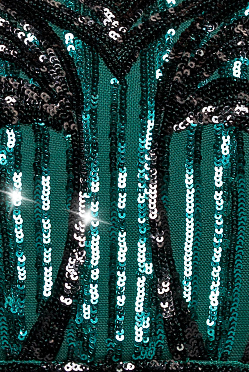 Sequin Mesh V Neck Midi Dress - Emerald DR3234P