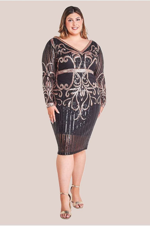 Sequin Mesh V Neck Midi Dress - Black by Goddiva Plus