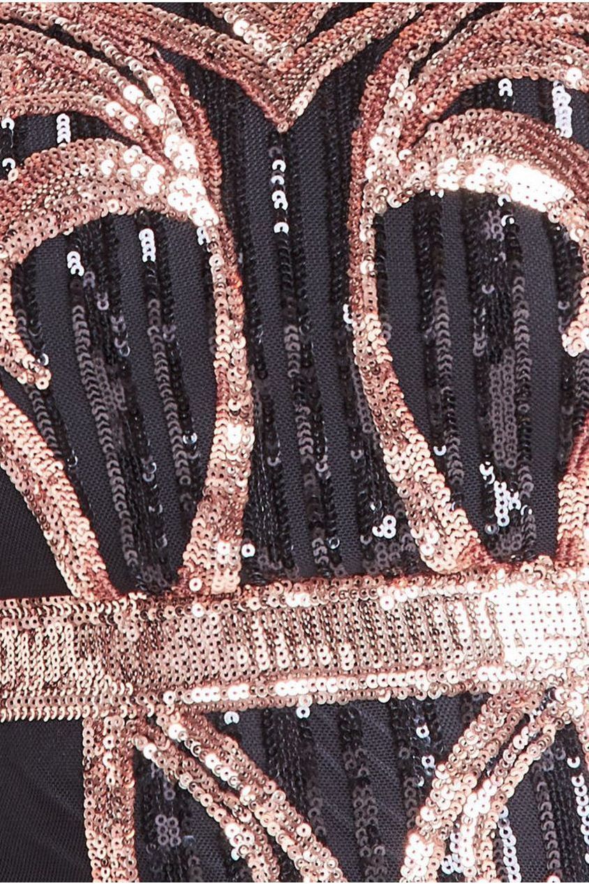 Sequin Mesh V Neck Midi Dress - Black DR3234P