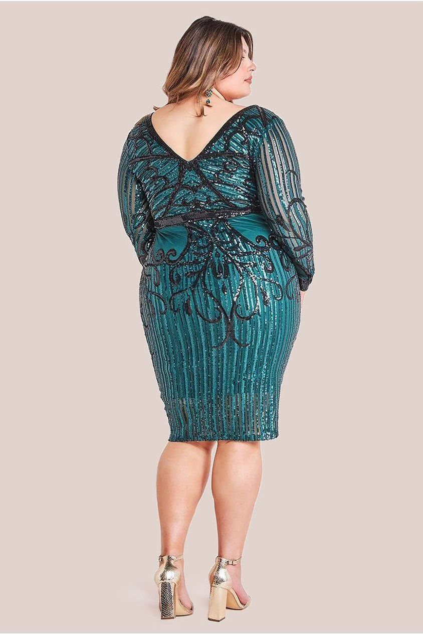 Sequin Mesh V Neck Midi Dress - Emerald DR3234P