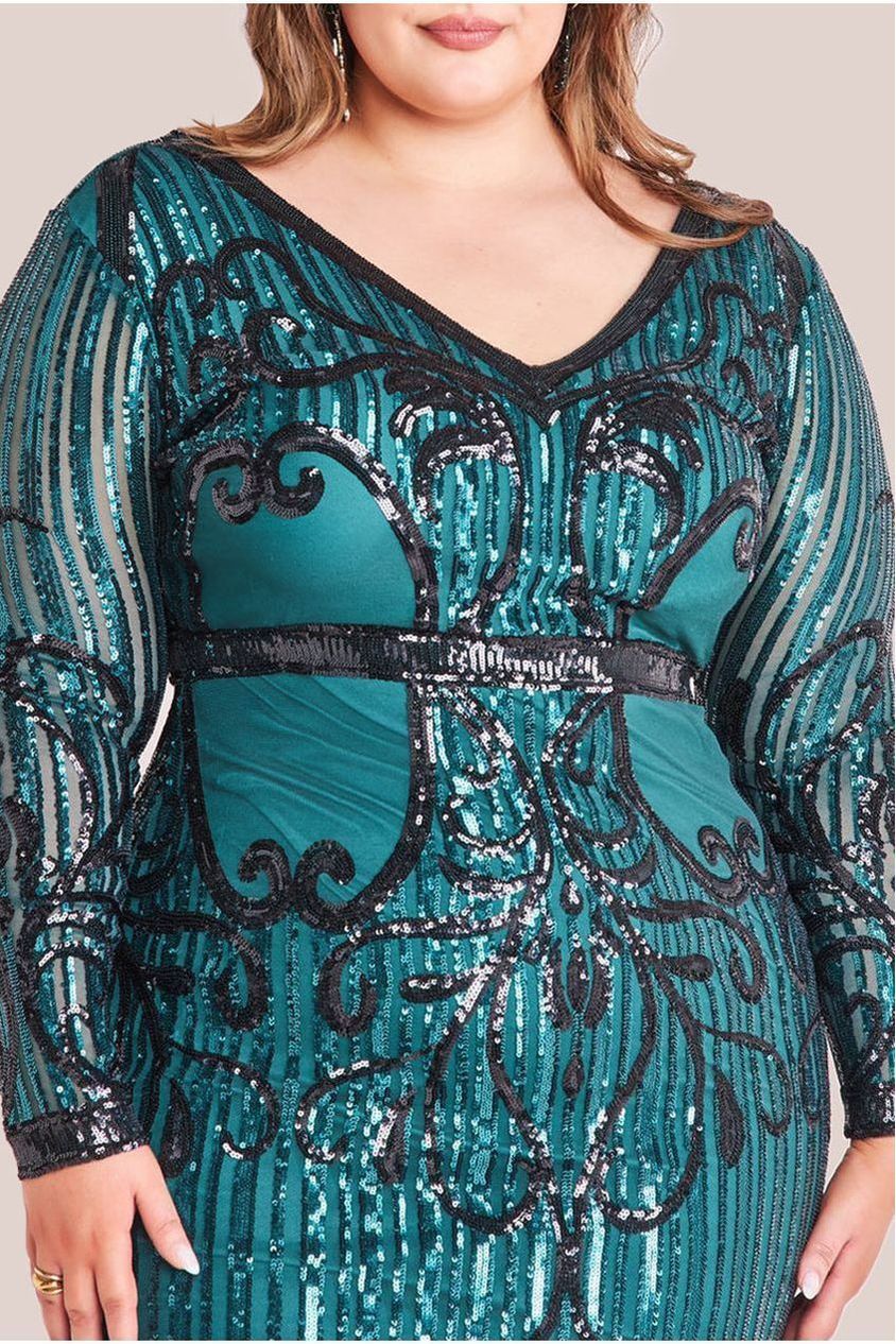 Sequin Mesh V Neck Midi Dress - Emerald DR3234P