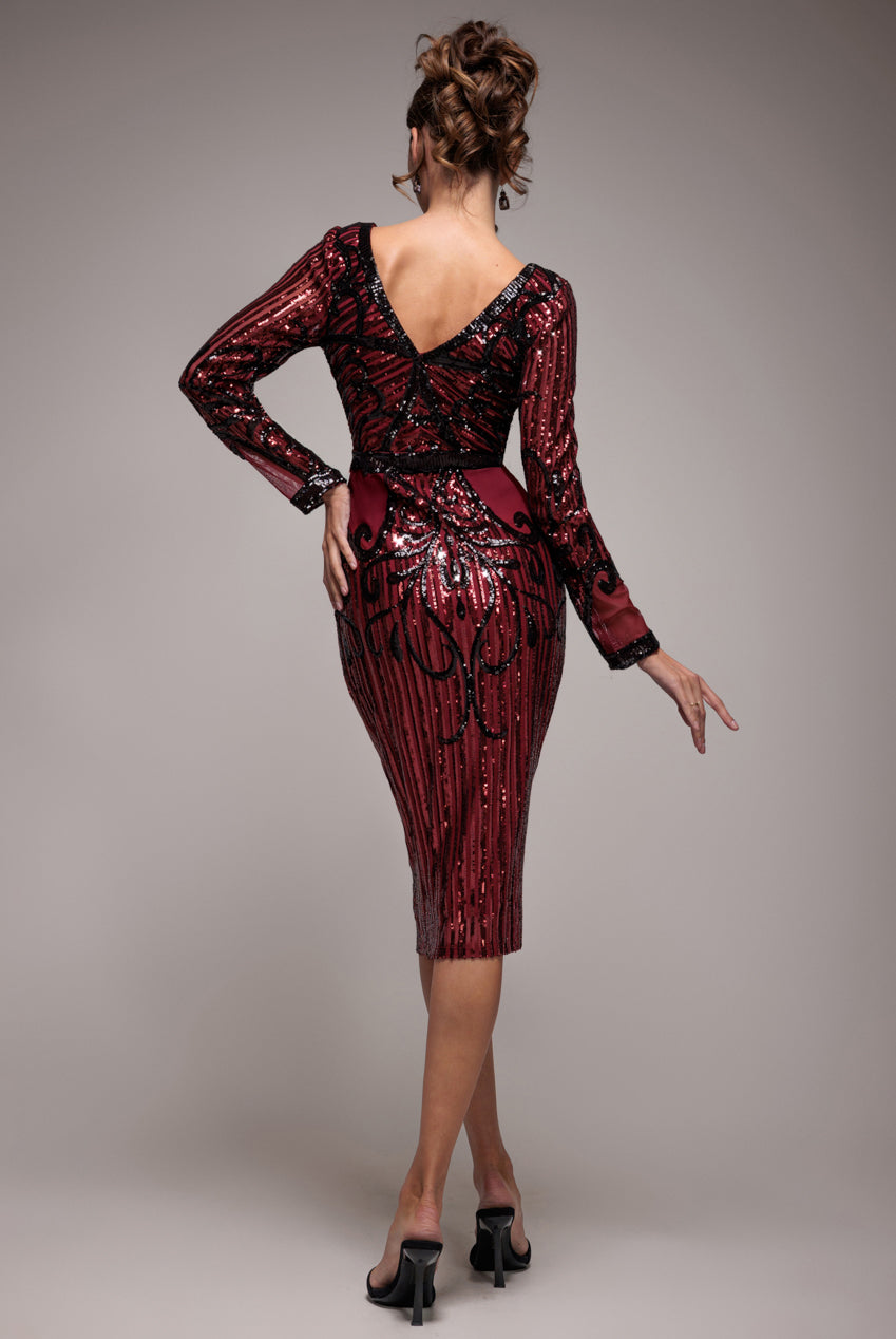 Sequin & Mesh Embroidered Midi Dress - Wine DR3234
