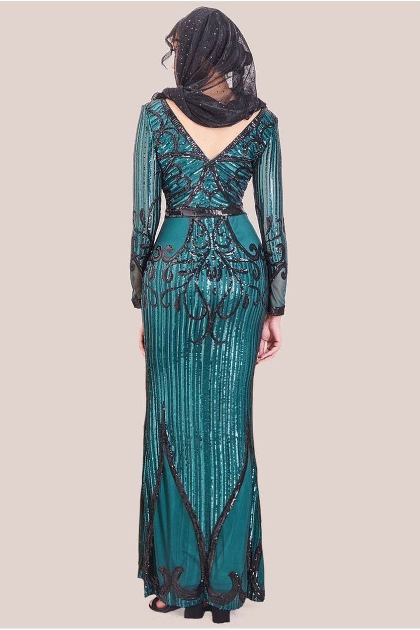 Modesty Sequin & Mesh Maxi Dress - Emerald DR3235MOD