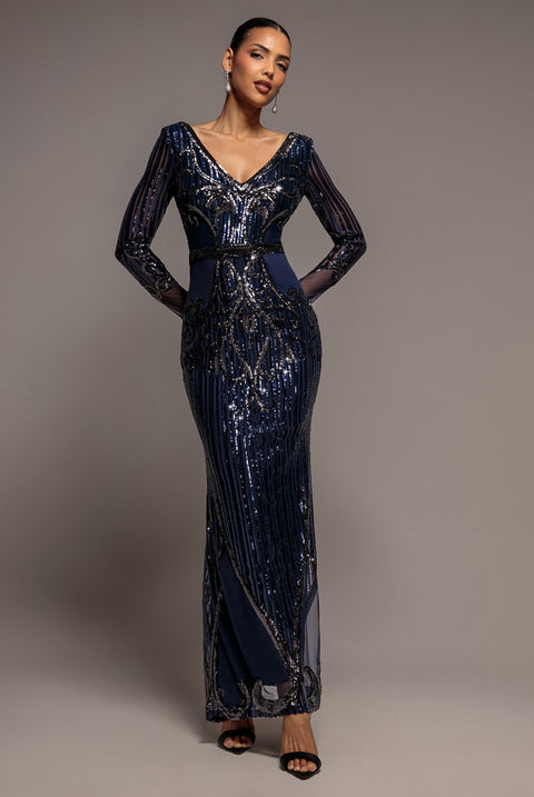Sequin & Mesh Embroidered Maxi Dress - Navy Blue by Goddiva