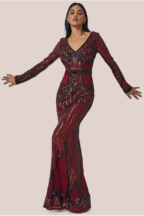 Sequin & Mesh Embroidered Maxi - Wine by Goddiva