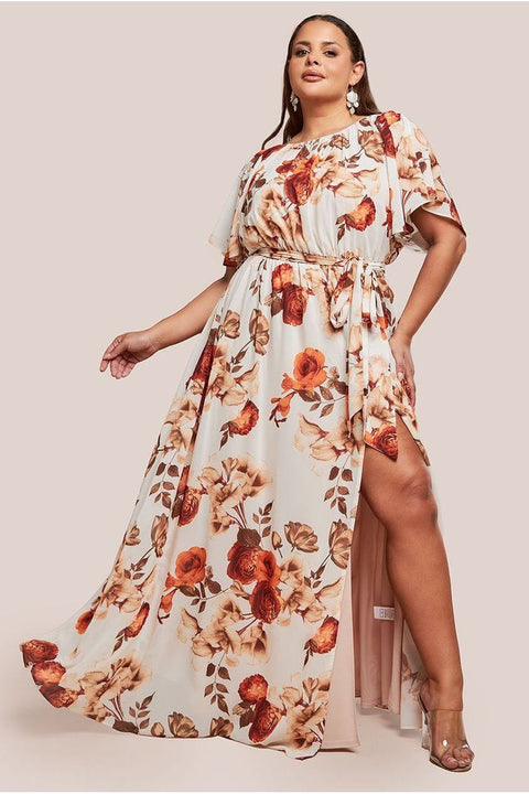 Wrap Back Flutter Sleeve Maxi - Beige by Goddiva Plus