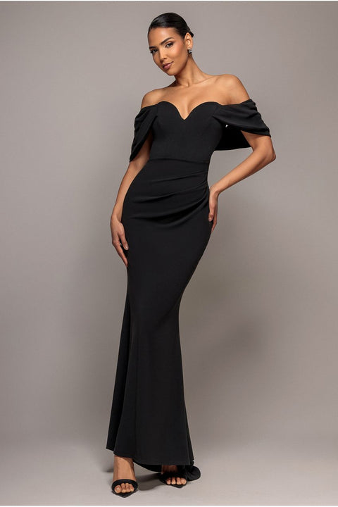 Off The Shoulder Draped Sleeve Maxi Dress - Black by Goddiva