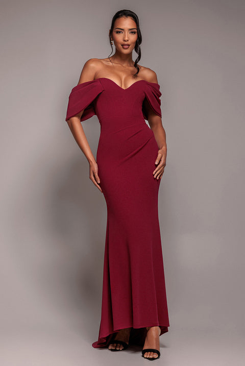 Off The Shoulder Draped Sleeve Maxi Dress - Burgundy by Goddiva
