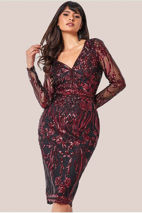Full Sleeve Sequin Midi Dress - Wine by Goddiva