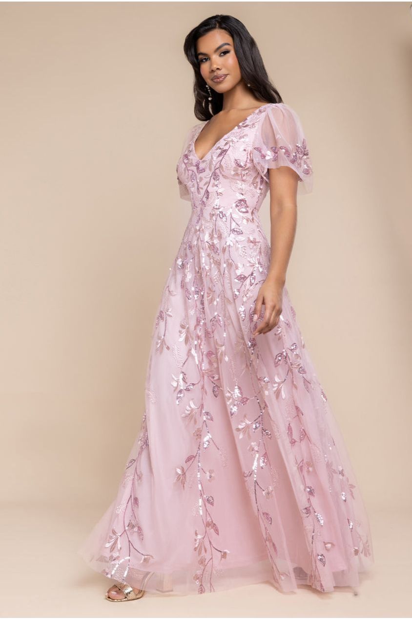 Flared Sleeve Embroidered Maxi Dress - Blush Pink DR3279A