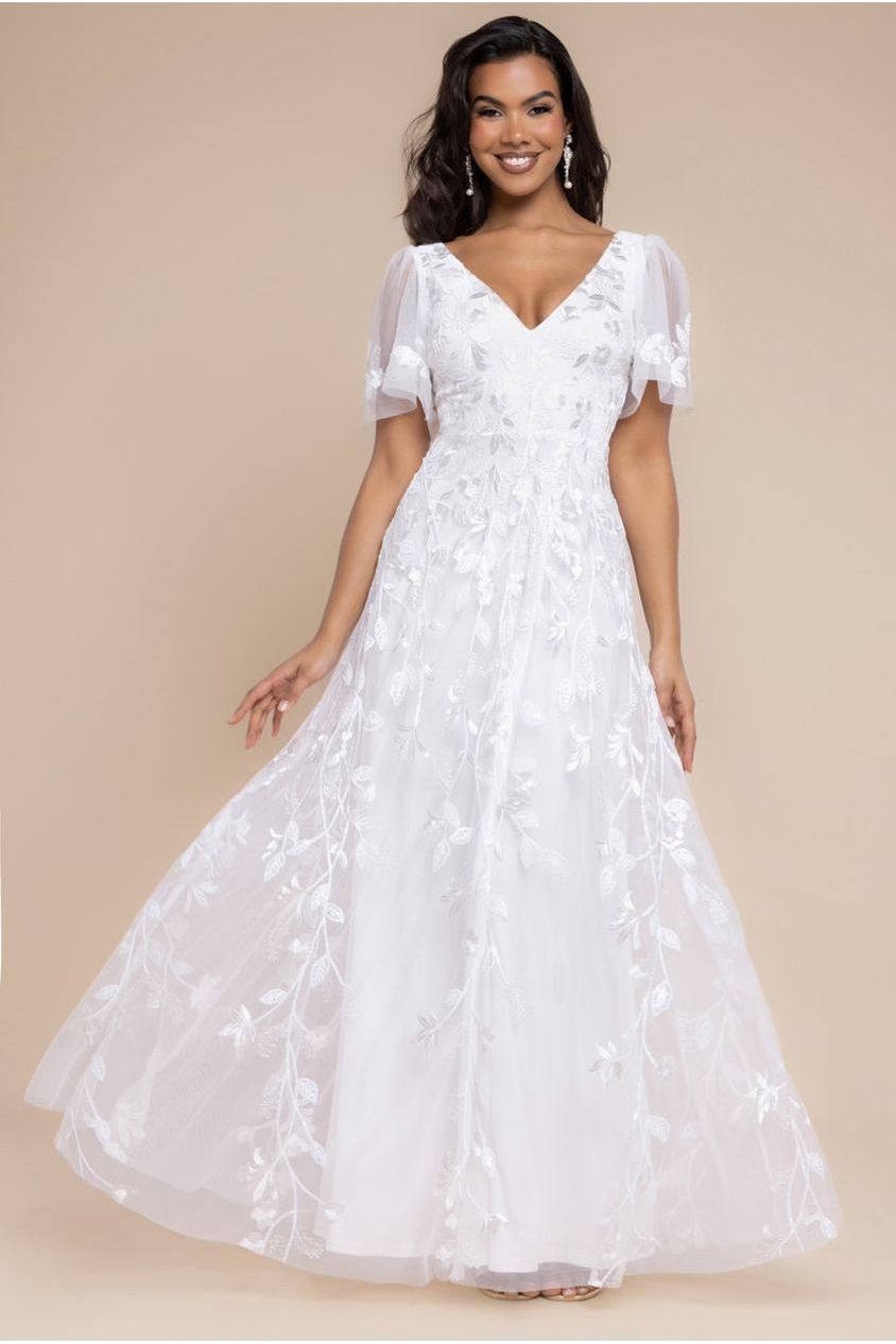 Flared Sleeve Embroidered Maxi Dress - White DR3279A