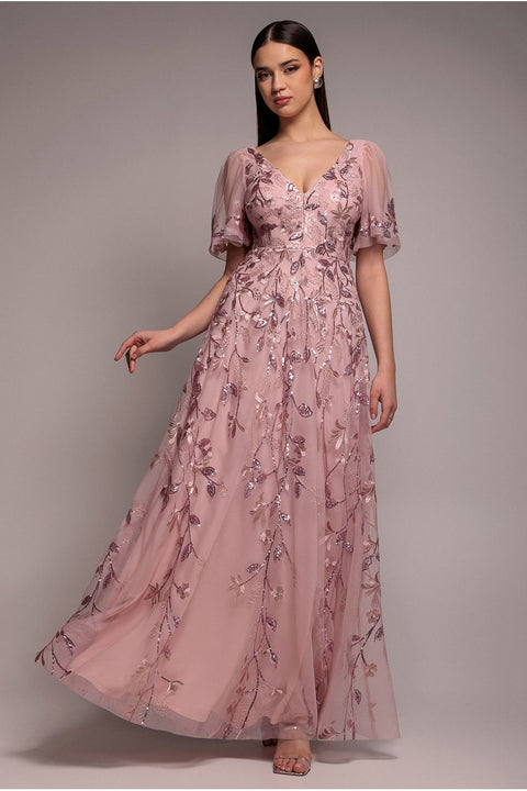 Flared Sleeve Embroidered Maxi Dress - Blush by Goddiva