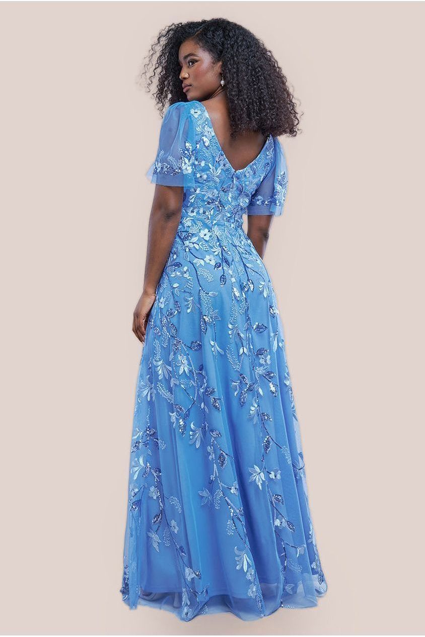 Flared Sleeve Embroidered Maxi Dress - Cornflower Blue DR3279A