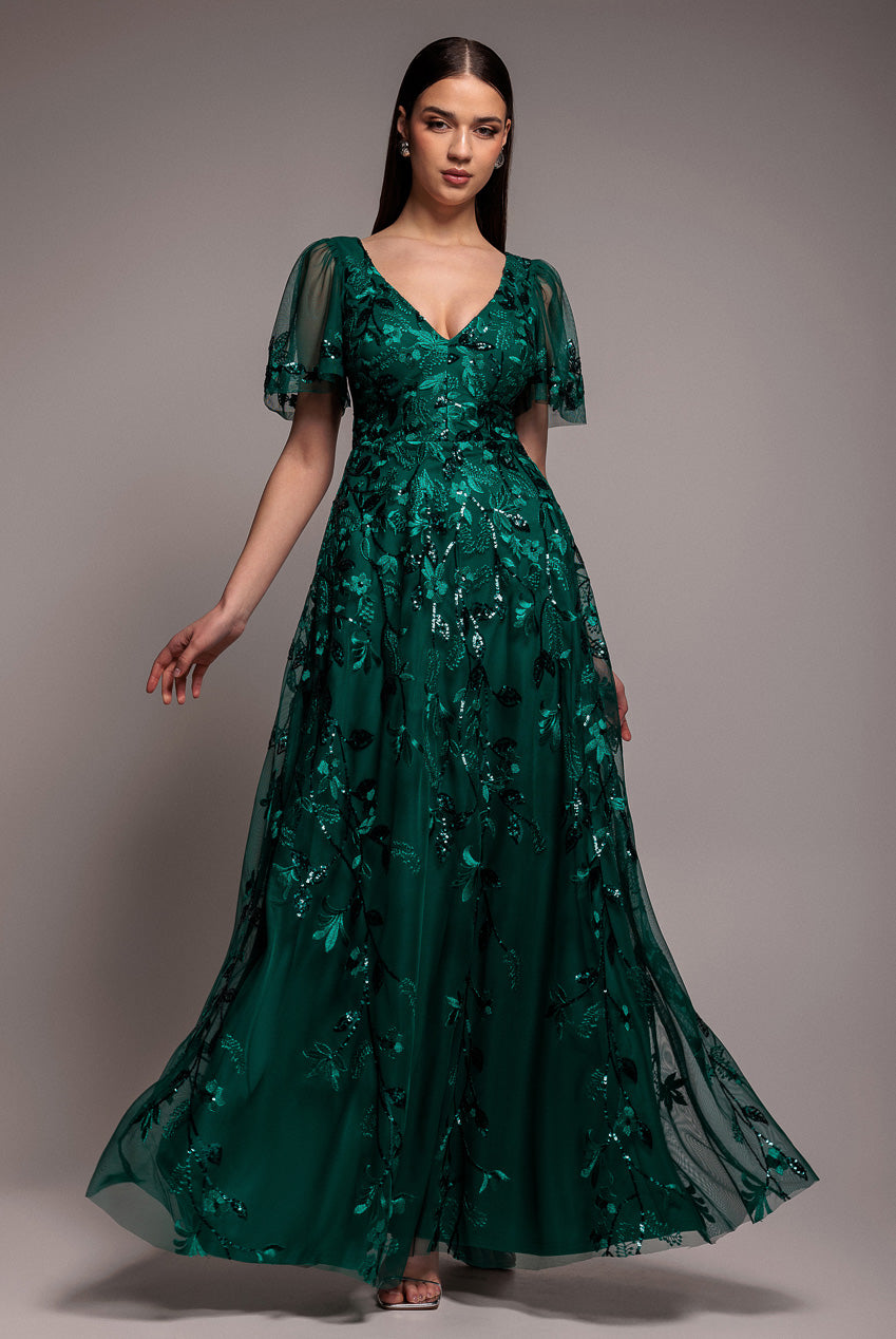 Flared Sleeve Embroidered Maxi Dress - Emerald Green | Goddiva Flared Sleeve Embroidered Maxi Dress - Emerald Green | Goddiva