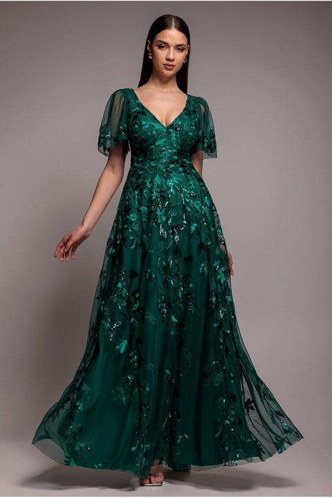 Flared Sleeve Embroidered Maxi Dress - Emerald Green by Goddiva