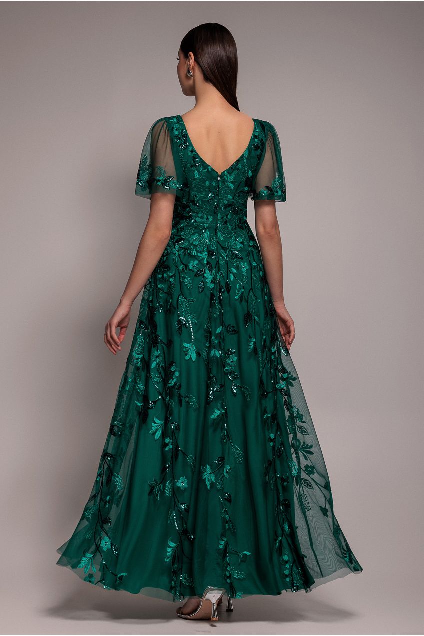 Flared Sleeve Embroidered Maxi Dress - Emerald Green DR3279