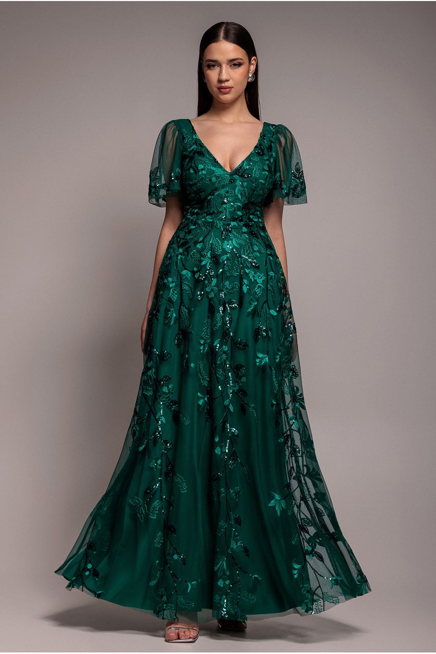 Flared Sleeve Embroidered Maxi Dress - Emerald Green DR3279