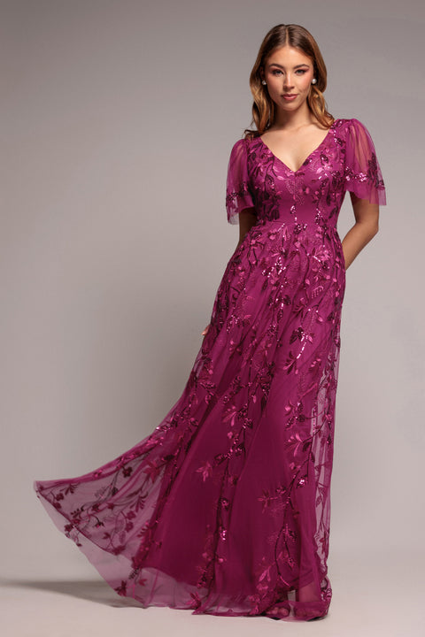 Flared Sleeve Embroidered Maxi Dress - Magenta by Goddiva