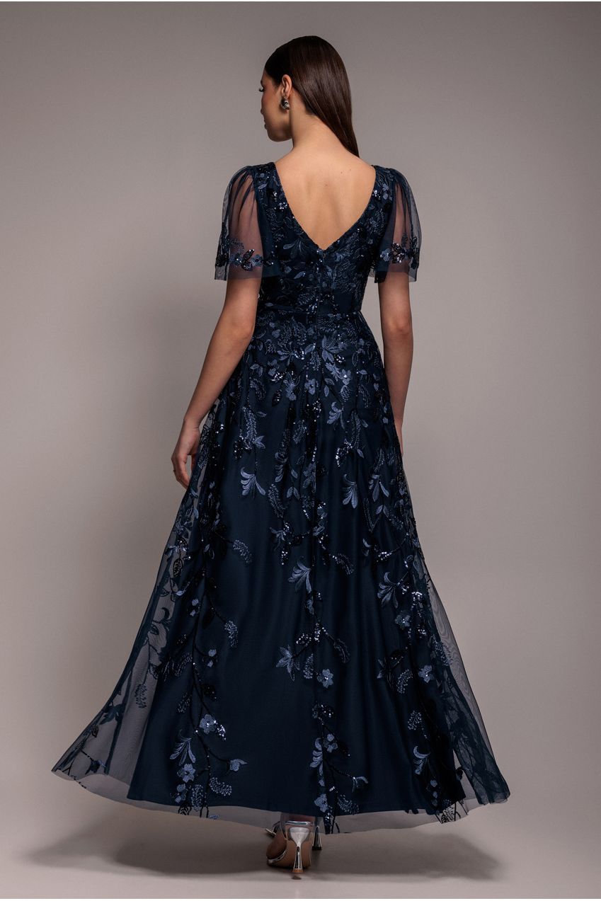 Flared Sleeve Embroidered Maxi Dress - Navy Blue DR3279A