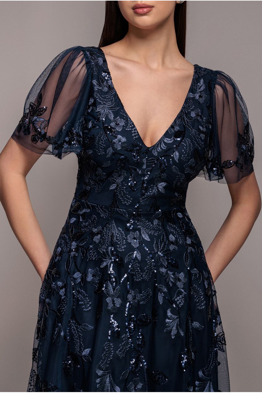 Flared Sleeve Embroidered Maxi Dress - Navy Blue DR3279A