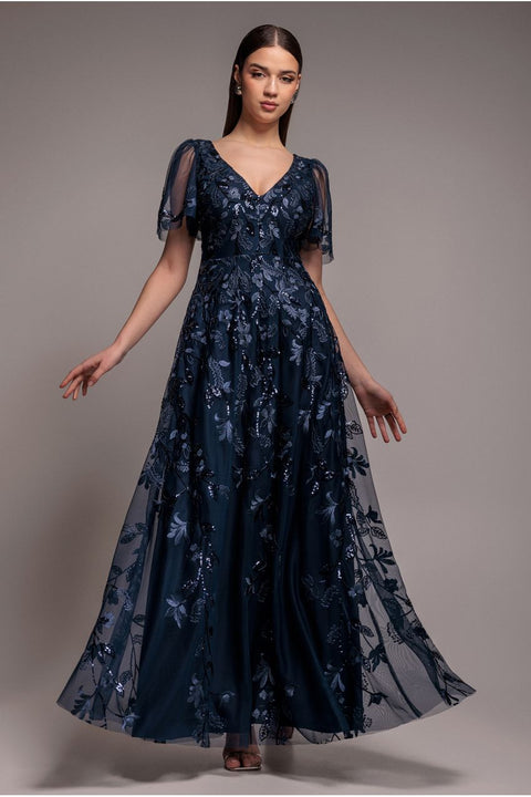 Flared Sleeve Embroidered Maxi Dress - Navy Blue by Goddiva