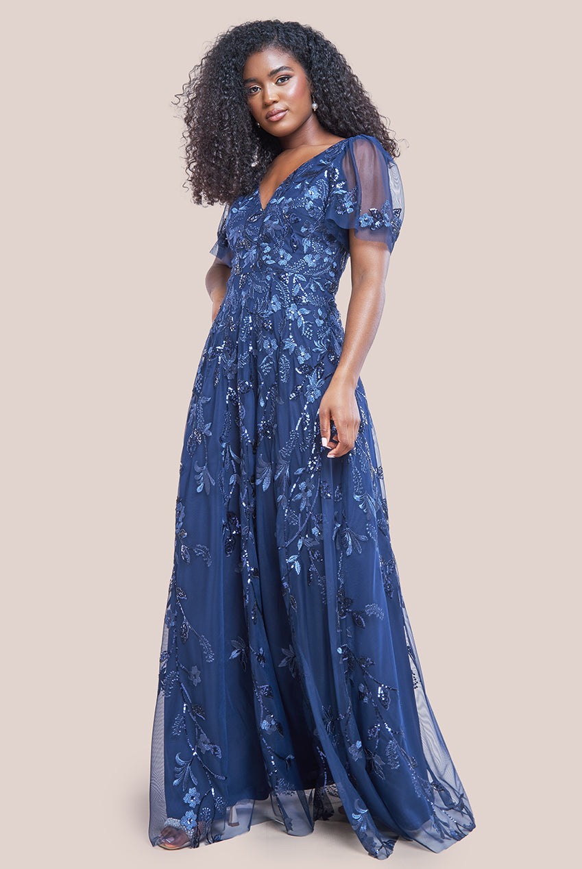 Flared Sleeve Embroidered Maxi Dress - Navy DR3279A